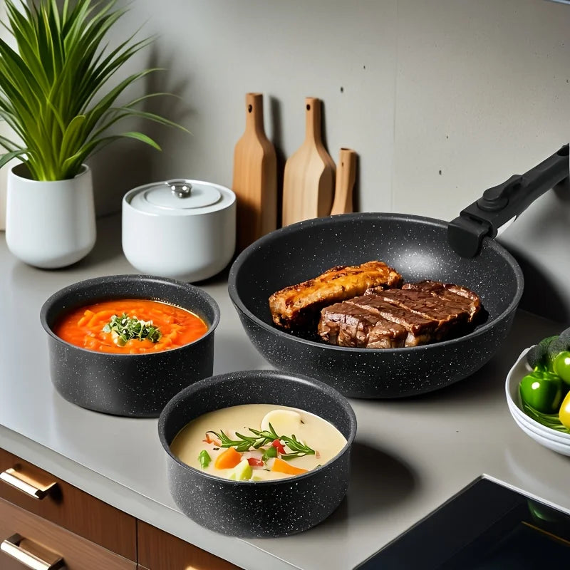 12pcs Granite Non-Stick Cookware Set W/Detachable Handles And Space-Stack Pots & Pans for Healthy Cooking