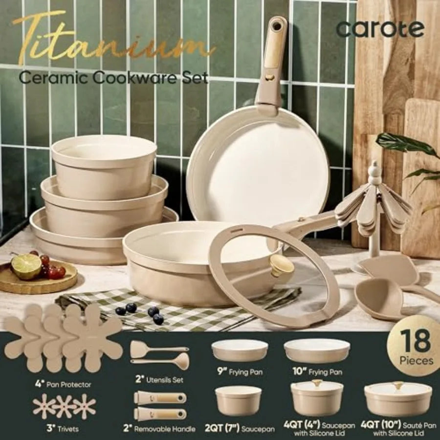 18 Pcs Ceramic Cookware Set Titanium Nonstick with Detachable Handles, Non Toxic Cookware, Pots and Pans Set Non Stick Removabl