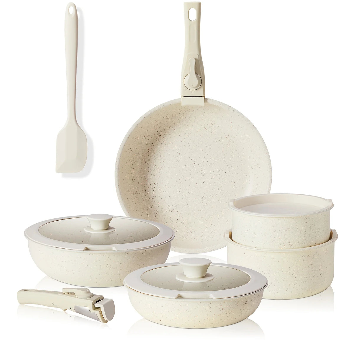 12pcs Granite Non-Stick Cookware Set W/Detachable Handles And Space-Stack Pots & Pans for Healthy Cooking